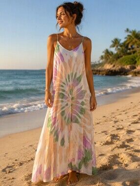 Beyond Capri Made In Italy Tie-Dye Maxi Dress One Size Fits All Cream With Multi